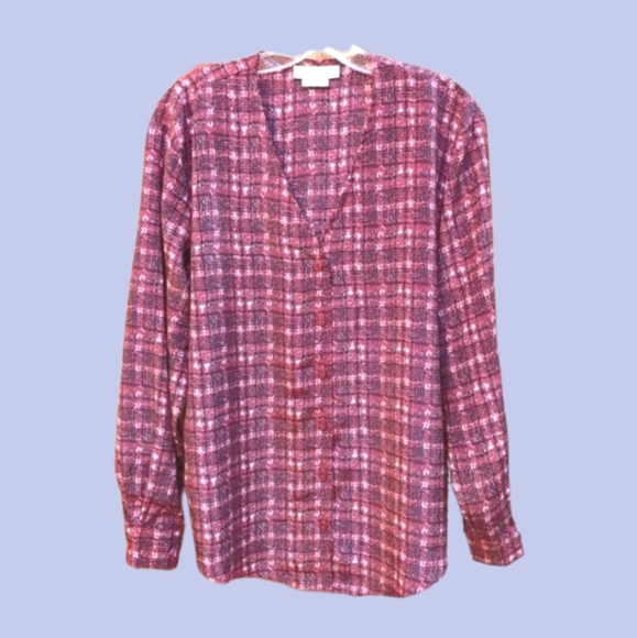 Anna Kriste V-Neck Plaid Blouse Long Sleeves Plunging Vneck Button Down Front - Picture 2 of 9
